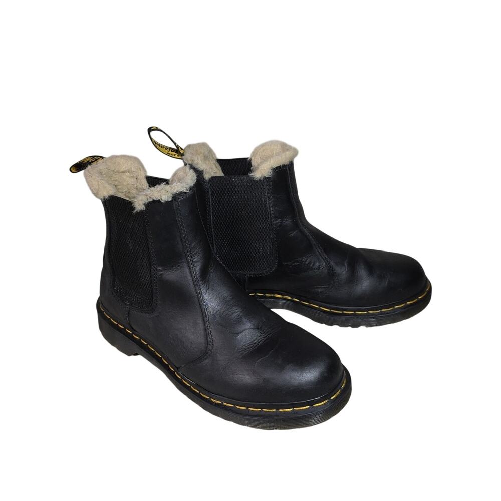 Dr. Marten 2976 Leonore Chelsea Black Leather Combat Boots With Faux Fur Lining